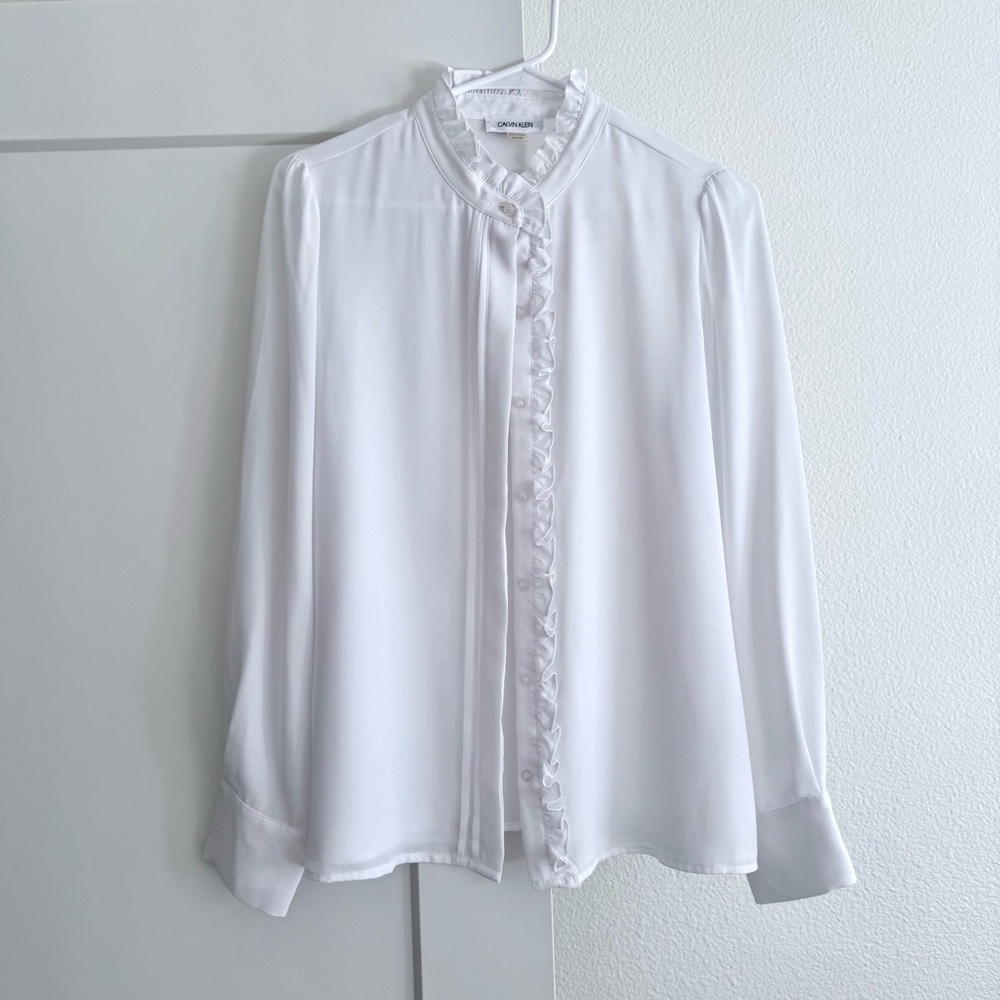 CALVIN KLEIN White Long Sleeve Ruffled Shirt